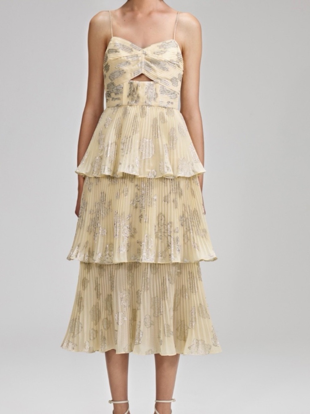 Self Portrait Metallic Jacquard Tiered Midi Dress size 10 yellow and silver